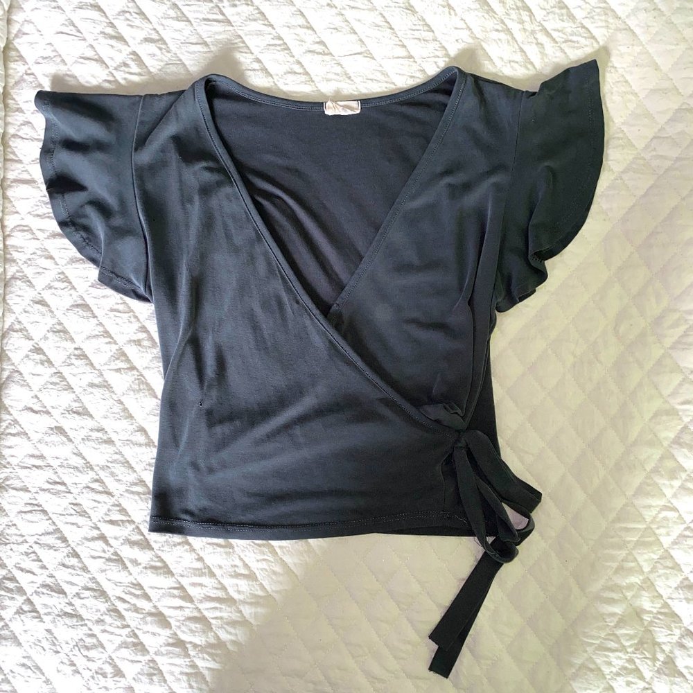 Gray Ruffle Sleeve Wrap Top